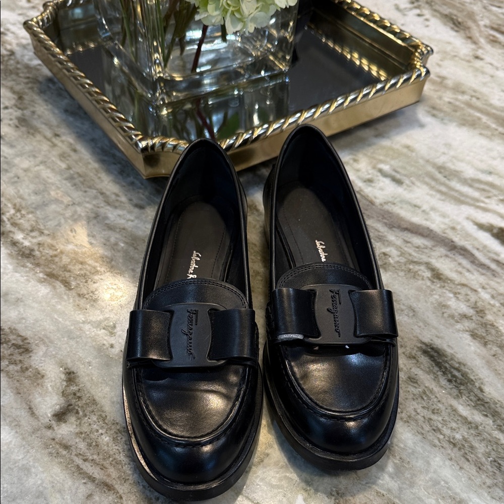 Brand New Salvatore Ferragamo Black Leather Bow-Trim Loafers STILL In STORE!